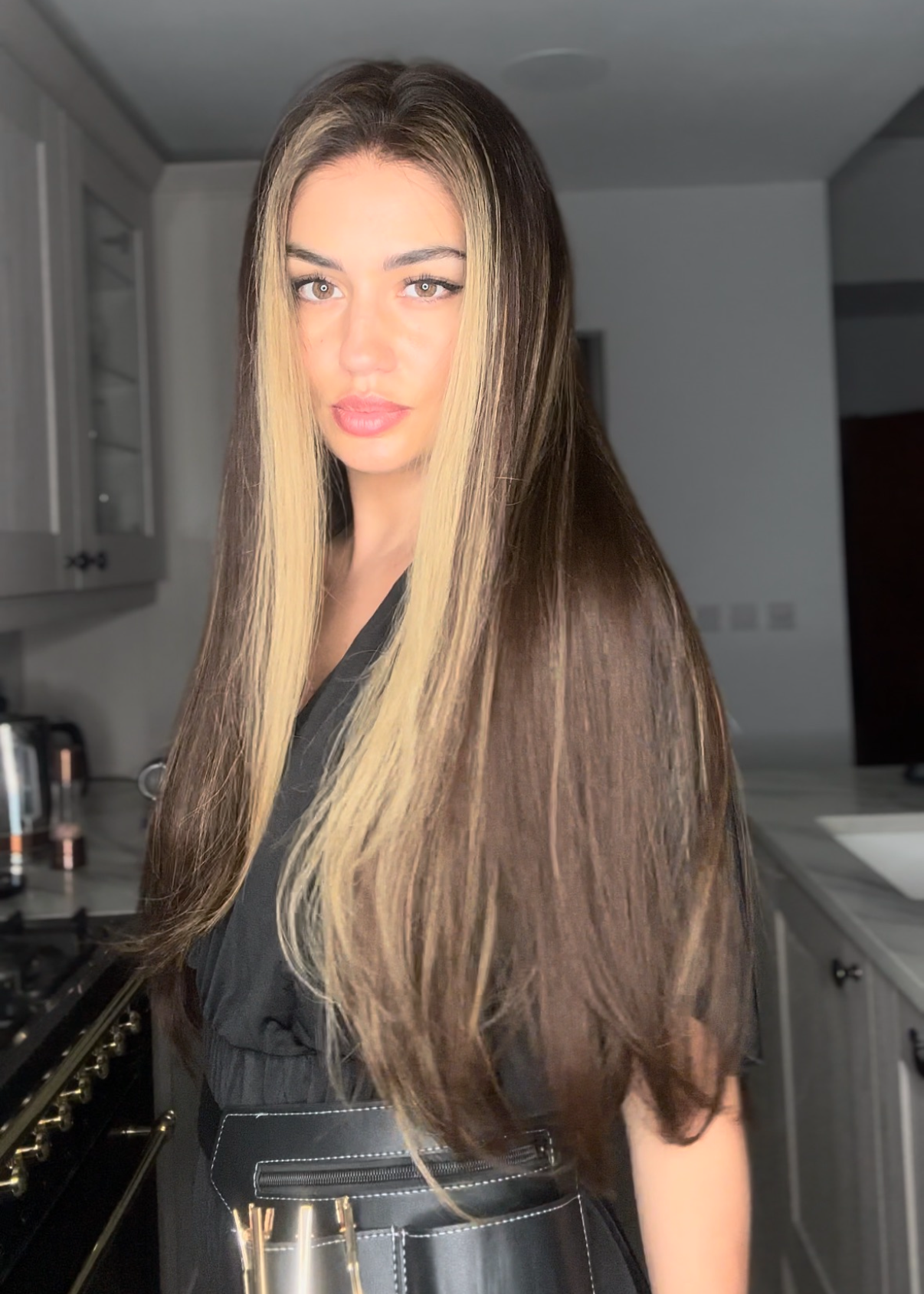 Dark brown wig with blonde money pieces