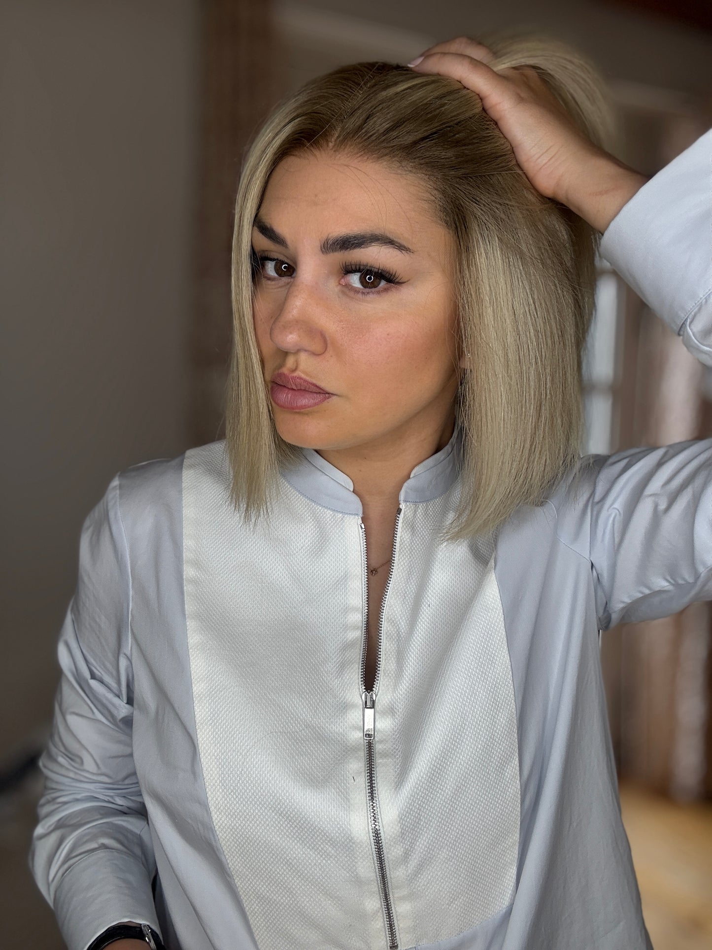 Short Blonde Wig With Warm Roots