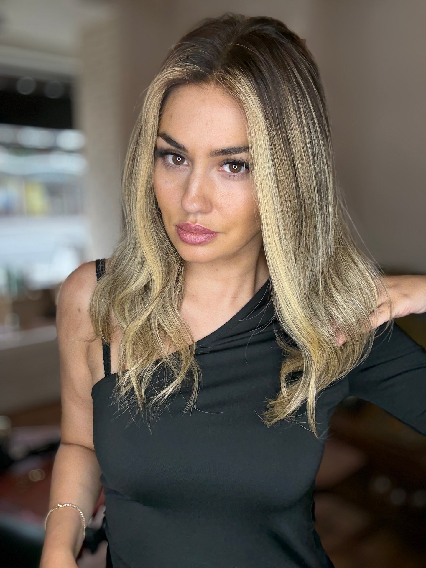 Dark brown with blonde highlights