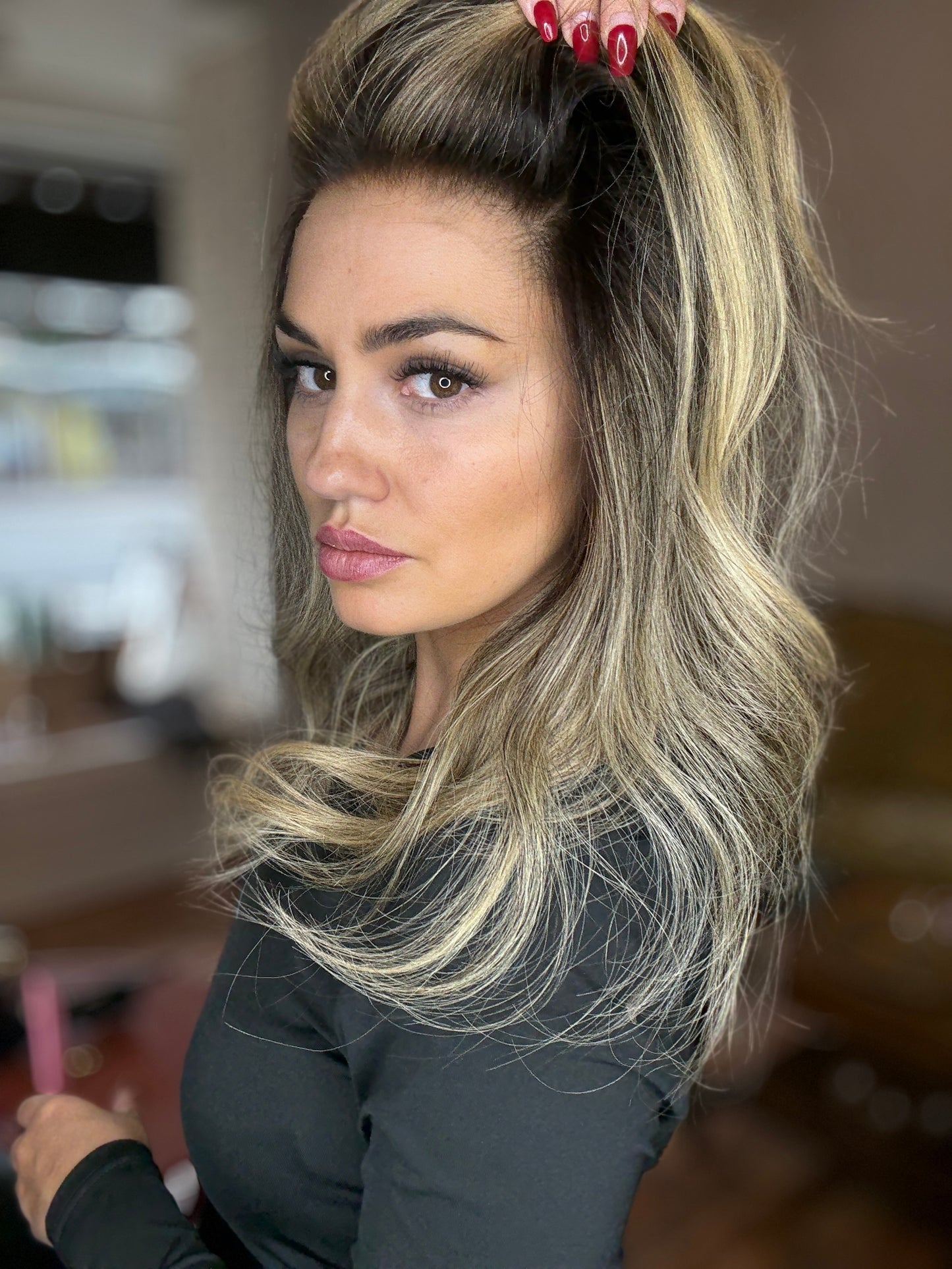 Dark brown with blonde highlights