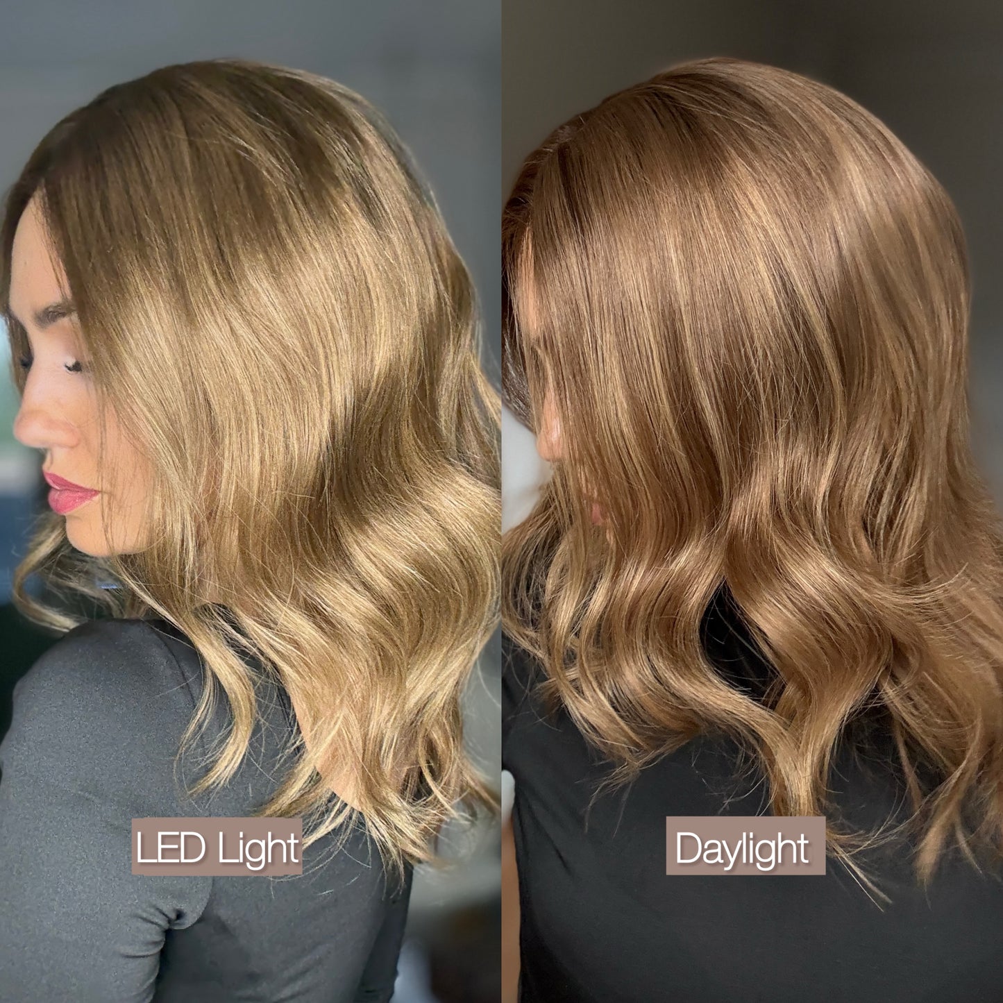Side-by-side comparison of wig under LED light and daylight.