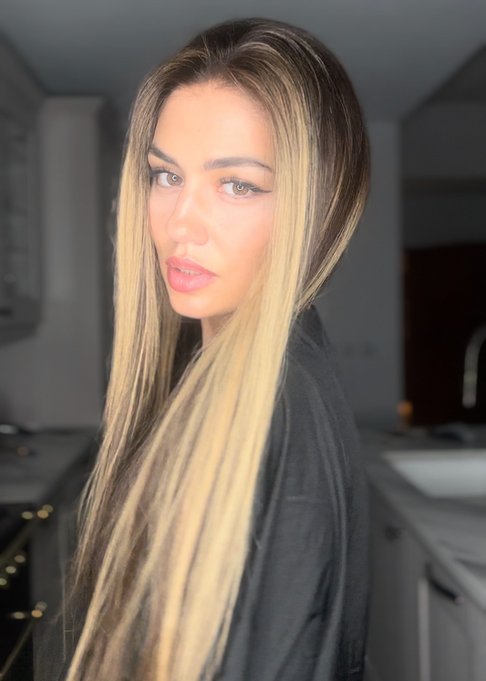 Dark brown wig with blonde money pieces