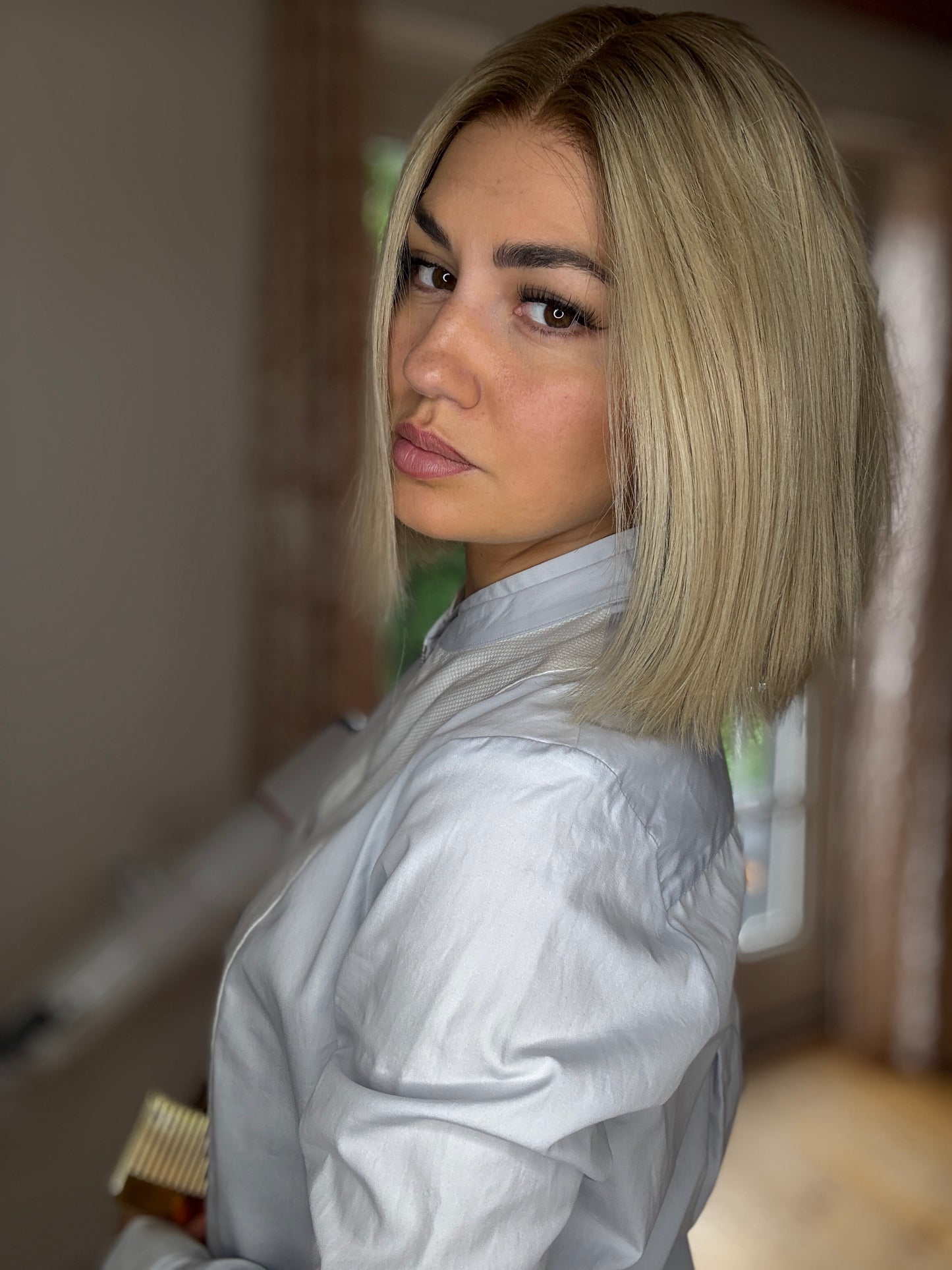 Short Blonde Wig With Warm Roots